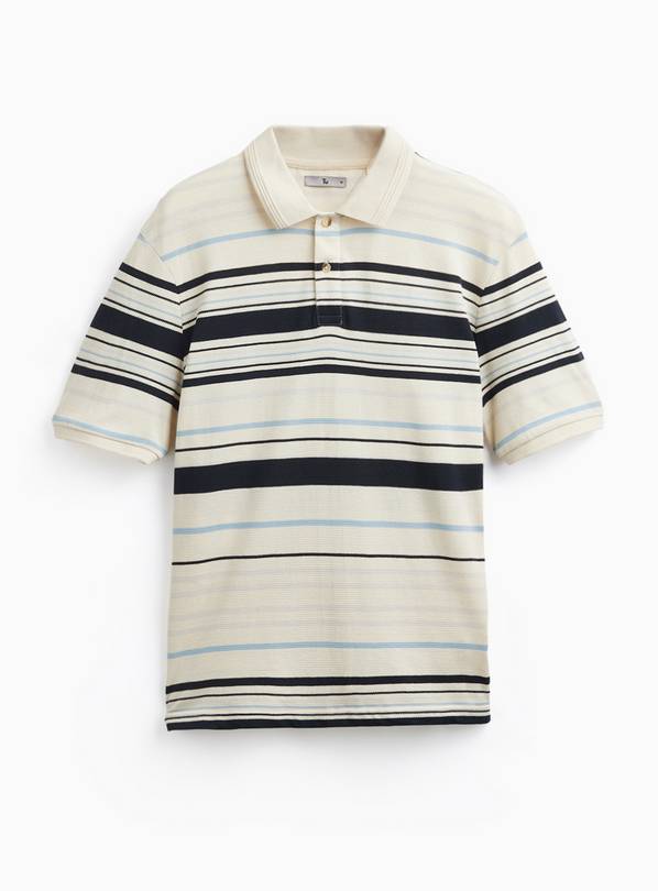 Cream Stripe Print Textured Polo Shirt XL